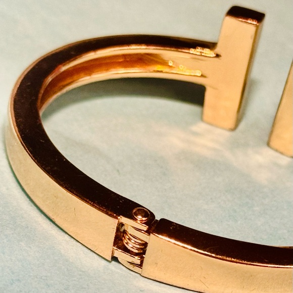 Tiffany Style/Double T Hinged Gold Bracelet - Picture 3 of 5